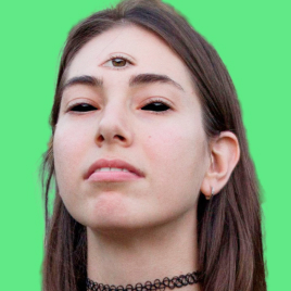 I'm Olia Nayda (https://olianayda.com) and I'm pictured here with long hair on my beard on which have two ponytails braided with hair bands. I'm wearing a panama with a strange, indecipherable writing on my head. I smile with my mouth open and shout something at the same time, while squinting into the distance. I'm wearing a shirt, a fleece, a T-shirt, and a long-sleeve hooded sweatshirt. The photo is in black, the background is replaced with green, this is the style of UNICORN WITNESSES brand (unicornwitnesses.com)